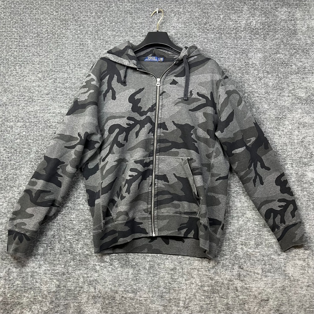 Polo Ralph Lauren Full Zip Hoodie Men's Gray Camouflage Fleece Pony Logo - Large